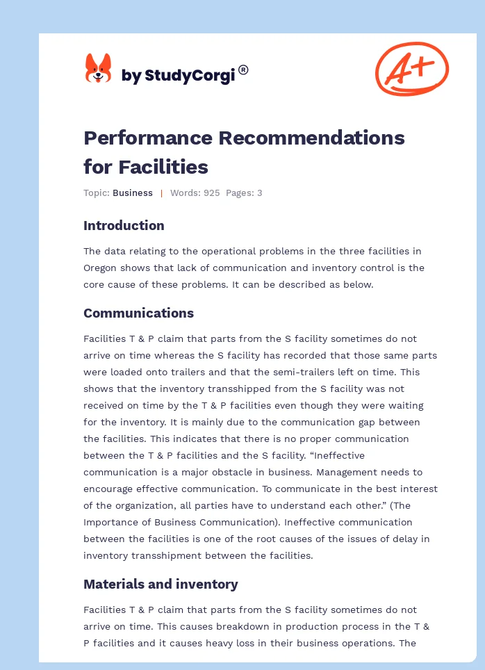 Performance Recommendations for Facilities. Page 1