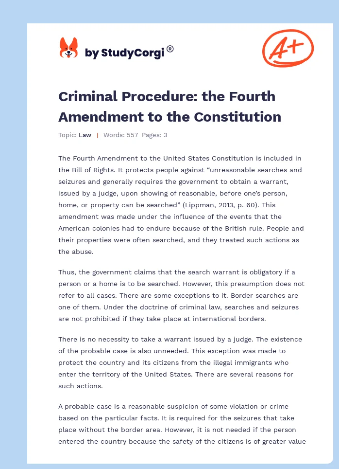 Criminal Procedure: the Fourth Amendment to the Constitution. Page 1