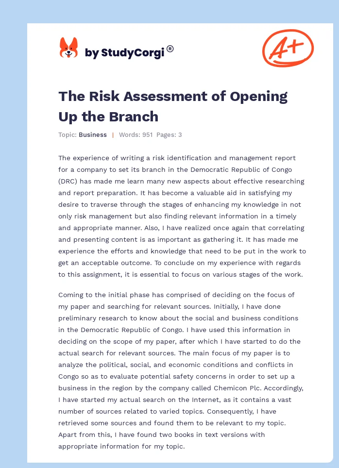 The Risk Assessment of Opening Up the Branch. Page 1