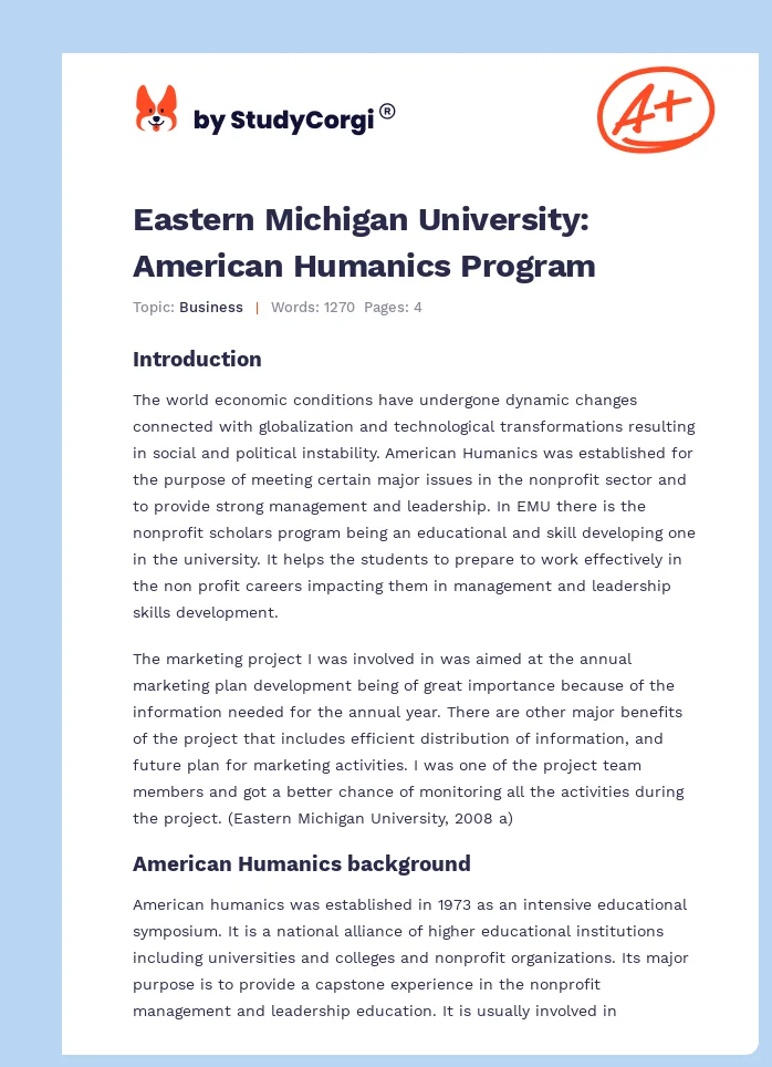 Eastern Michigan University: American Humanics Program. Page 1