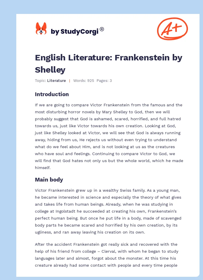 English Literature: Frankenstein by Shelley. Page 1