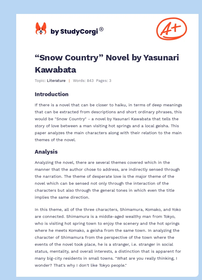“Snow Country” Novel by Yasunari Kawabata. Page 1