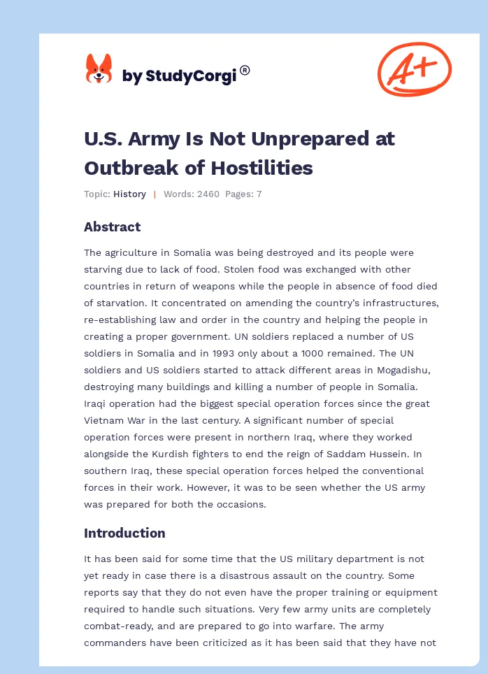 U.S. Army Is Not Unprepared at Outbreak of Hostilities. Page 1