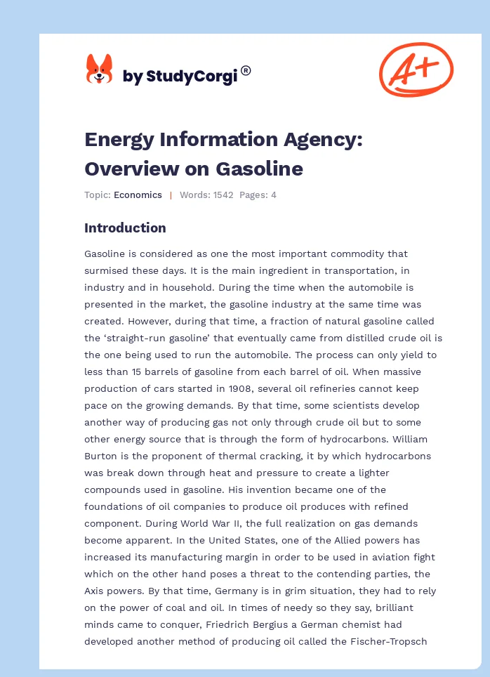 Energy Information Agency: Overview on Gasoline. Page 1
