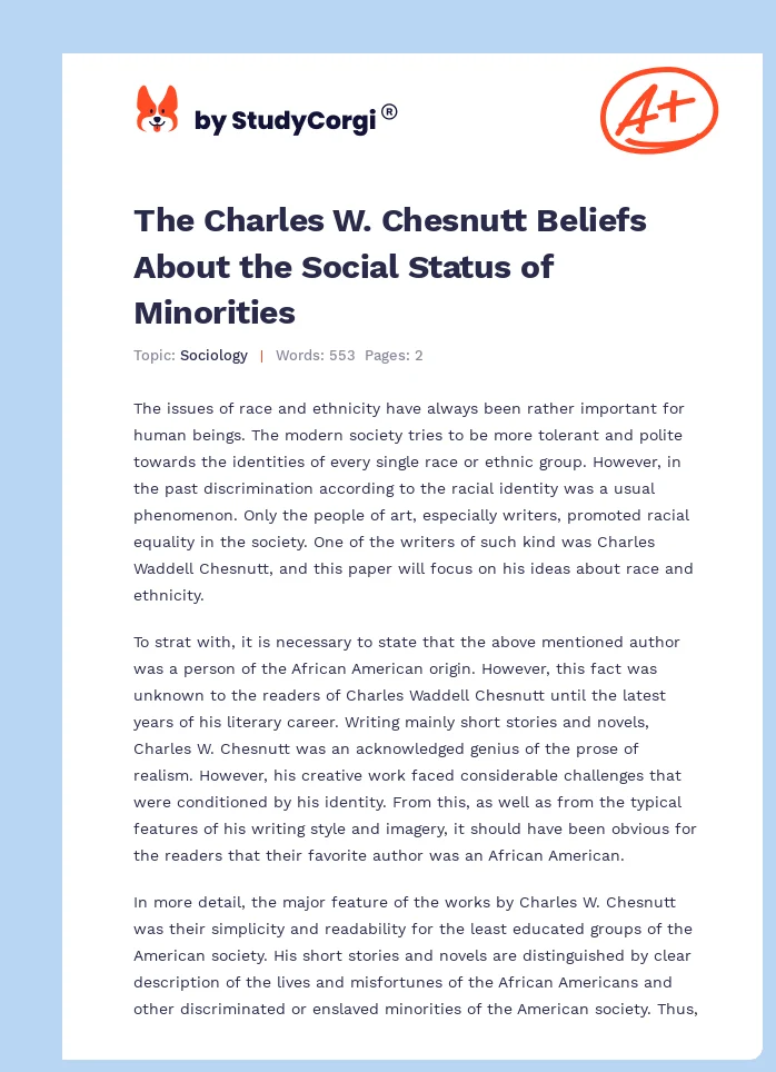 The Charles W. Chesnutt Beliefs About the Social Status of Minorities. Page 1