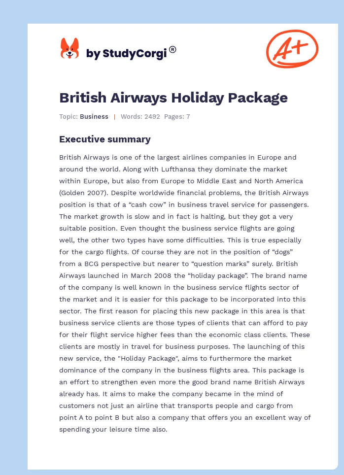 British Airways Holiday Package. Page 1