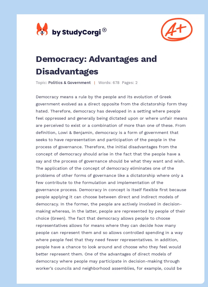 Democracy: Advantages and Disadvantages. Page 1