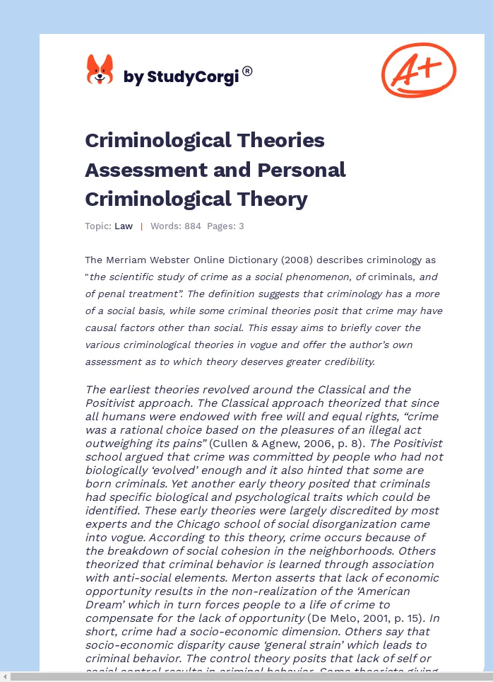 Criminological Theories Assessment and Personal Criminological Theory. Page 1