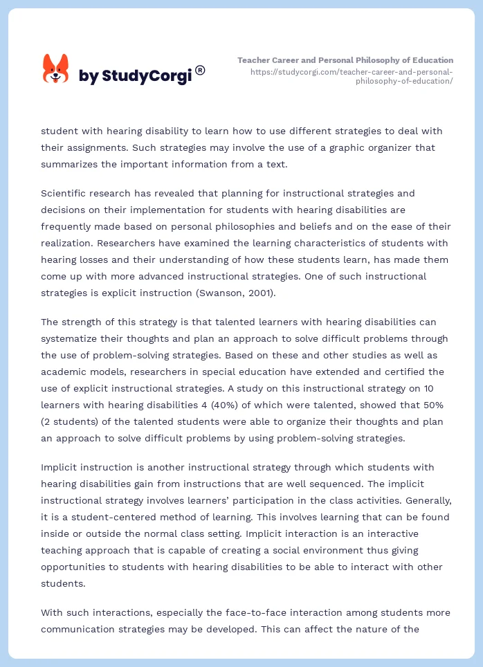 Teacher Career and Personal Philosophy of Education. Page 2