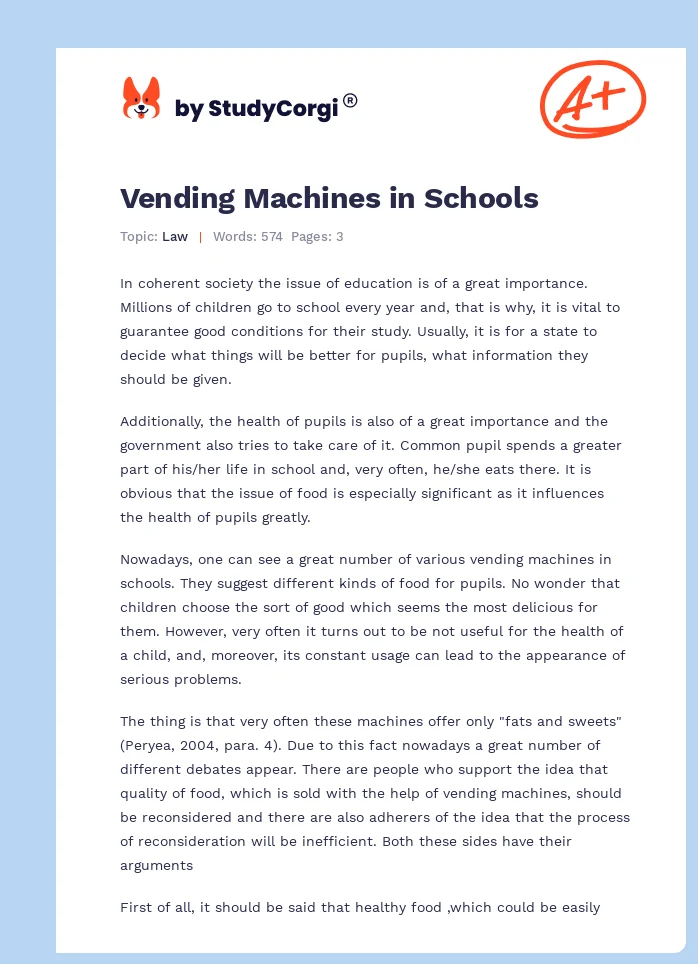 Vending Machines in Schools. Page 1
