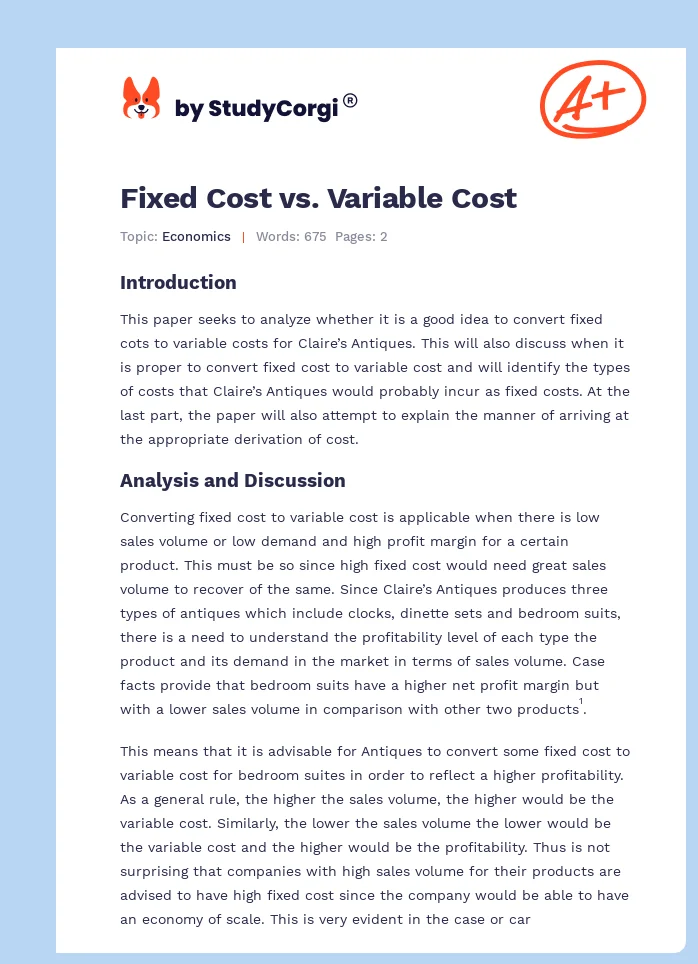 Fixed Cost vs. Variable Cost. Page 1