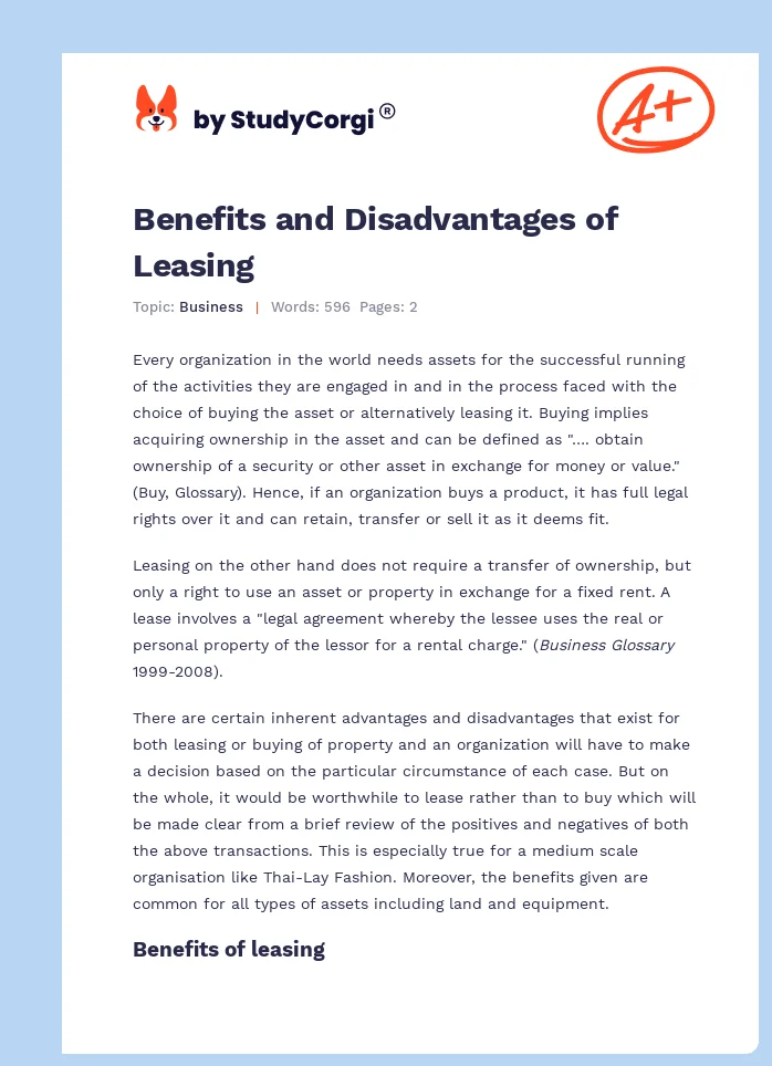 Benefits and Disadvantages of Leasing. Page 1