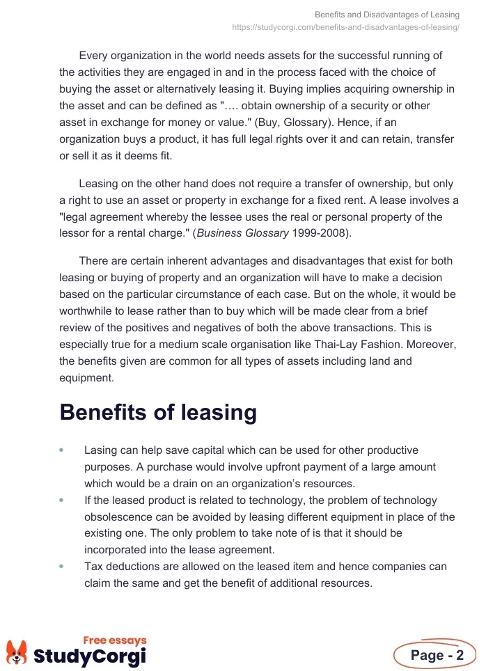 Benefits and Disadvantages of Leasing. Page 2