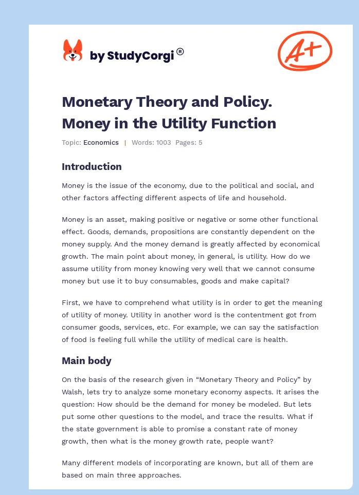 Monetary Theory and Policy. Money in the Utility Function. Page 1