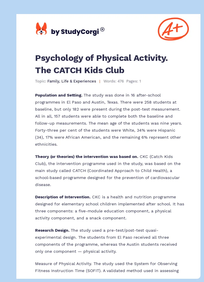 Psychology of Physical Activity. The CATCH Kids Club. Page 1