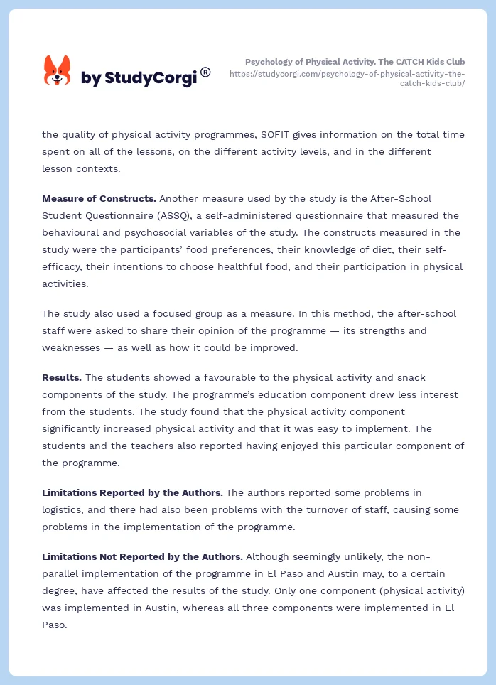 Psychology of Physical Activity. The CATCH Kids Club. Page 2