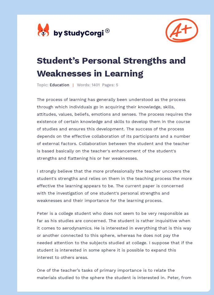 Student’s Personal Strengths and Weaknesses in Learning. Page 1