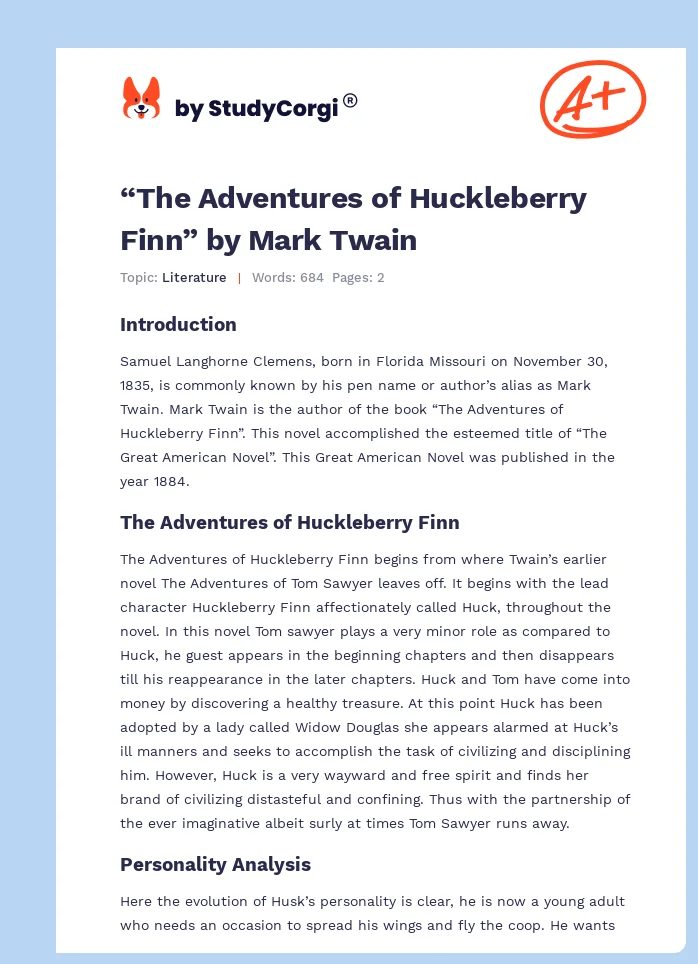 “The Adventures of Huckleberry Finn” by Mark Twain. Page 1