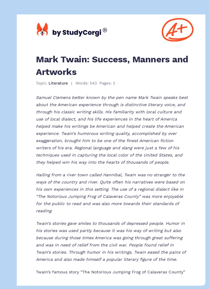 Mark Twain: Success, Manners and Artworks. Page 1