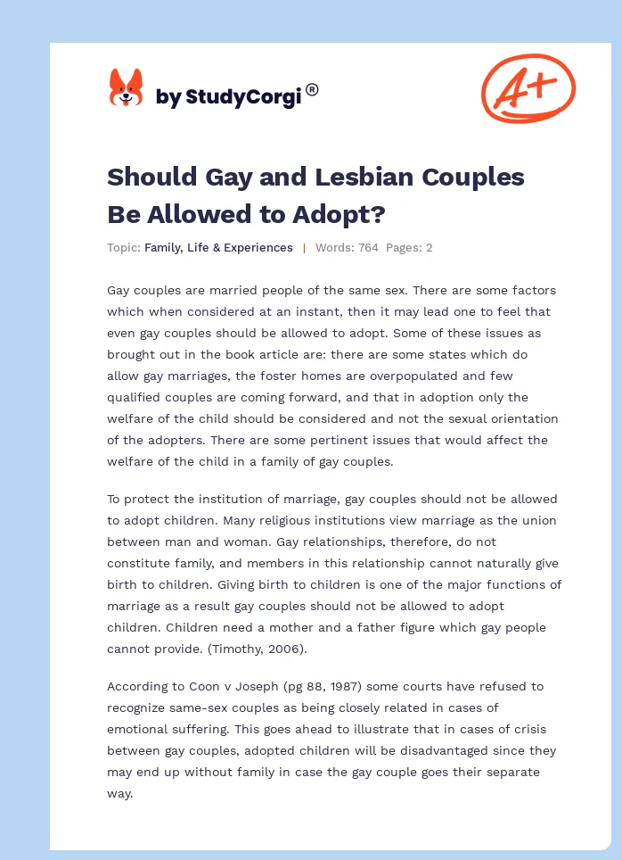 Should Gay and Lesbian Couples Be Allowed to Adopt?. Page 1