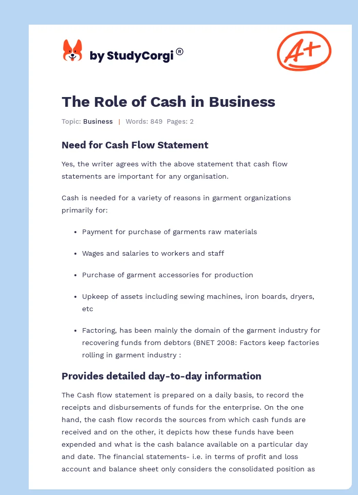 The Role of Cash in Business. Page 1