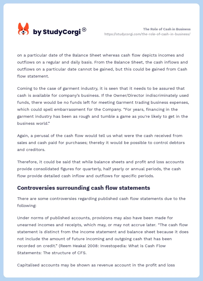The Role of Cash in Business. Page 2