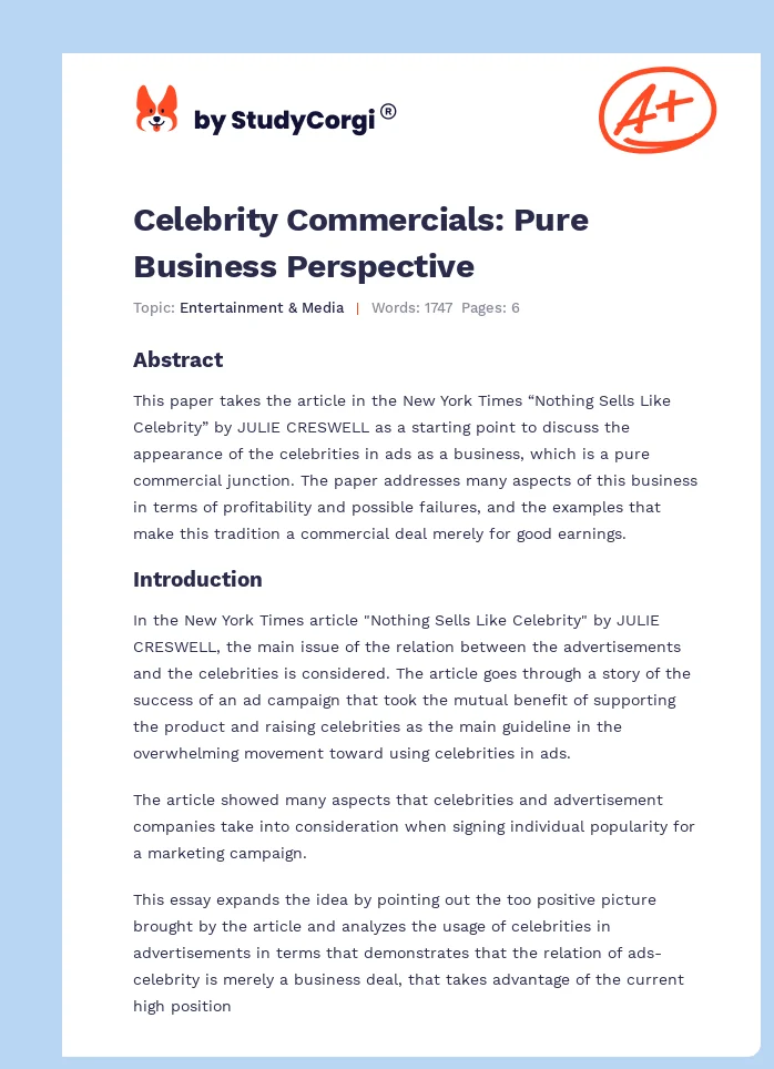Celebrity Commercials: Pure Business Perspective. Page 1