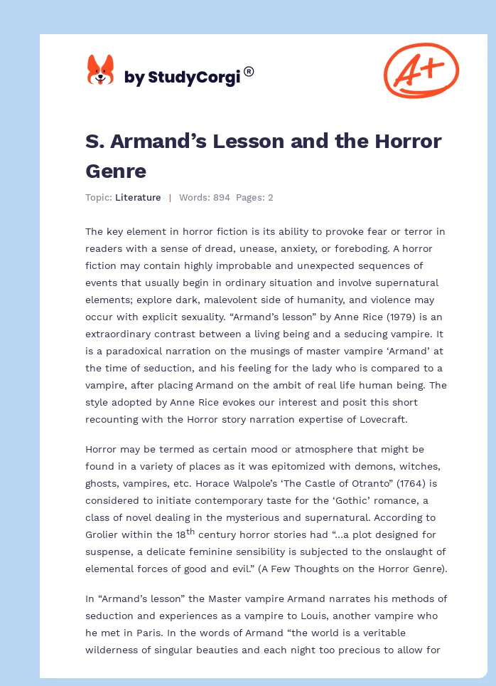 S. Armand’s Lesson and the Horror Genre. Page 1
