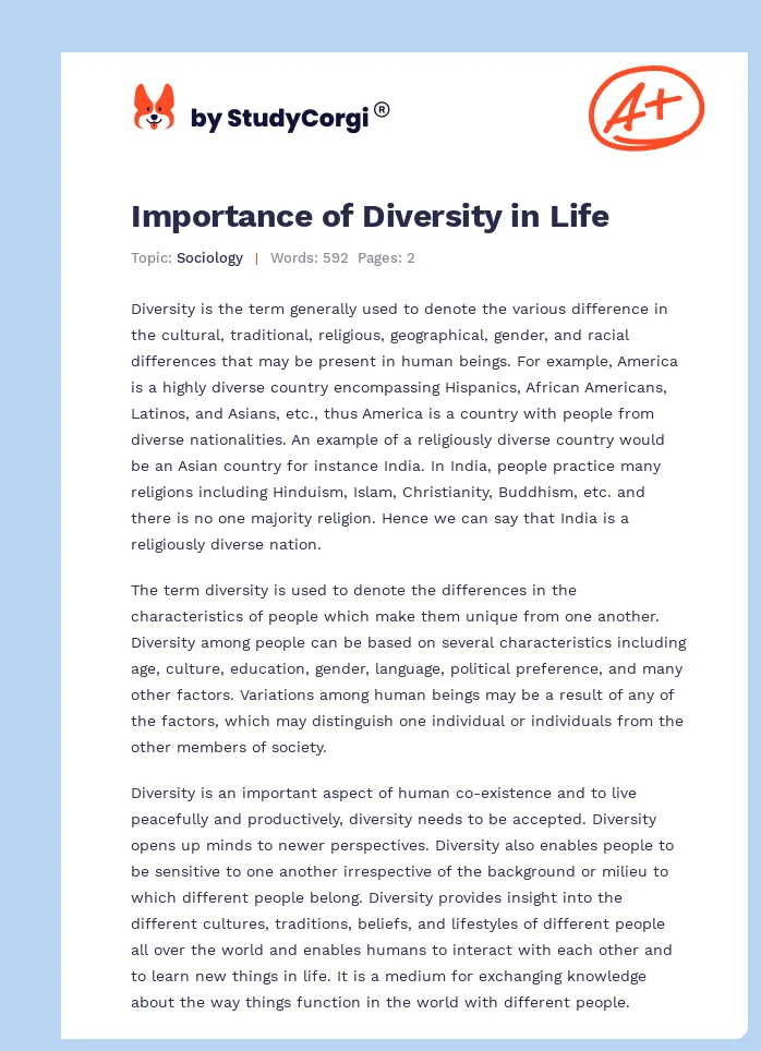 Importance of Diversity in Life. Page 1