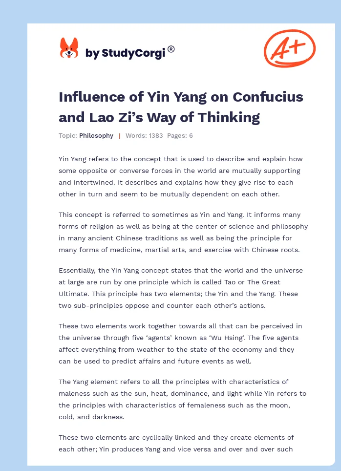 Influence of Yin Yang on Confucius and Lao Zi’s Way of Thinking. Page 1