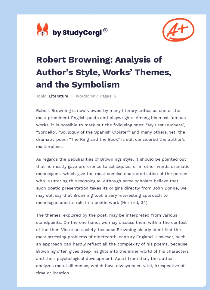 Robert Browning: Analysis of Author’s Style, Works’ Themes, and the Symbolism. Page 1