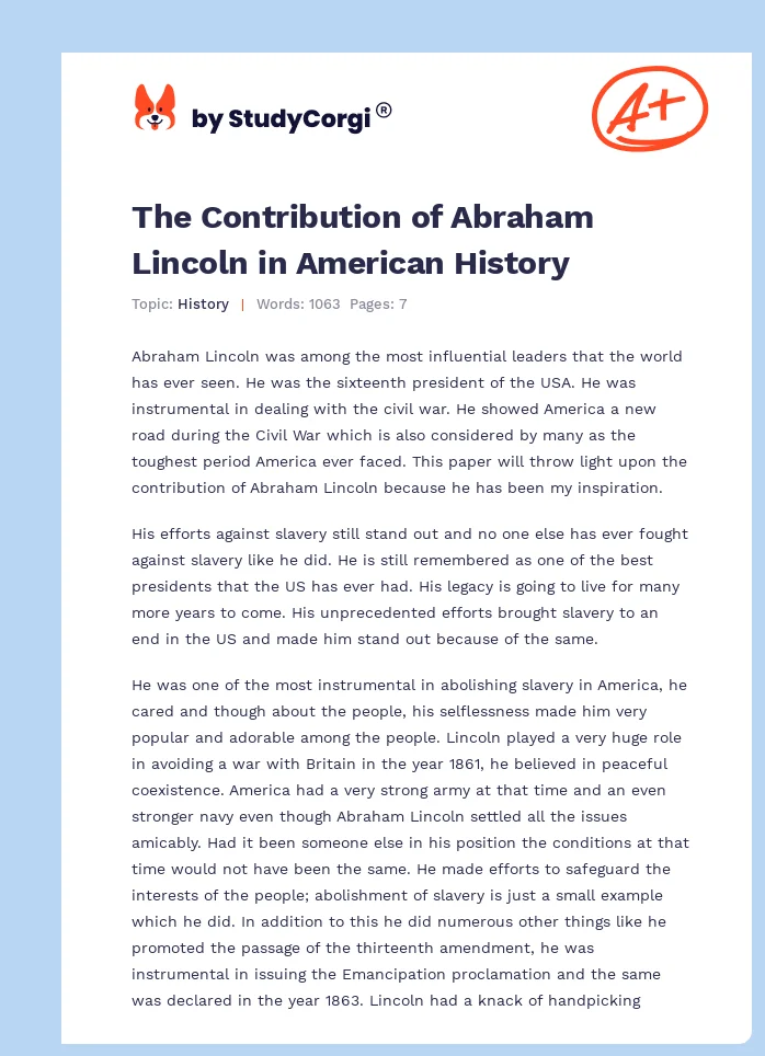 The Contribution of Abraham Lincoln in American History. Page 1