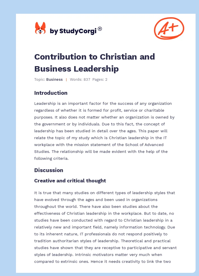 Contribution to Christian and Business Leadership. Page 1