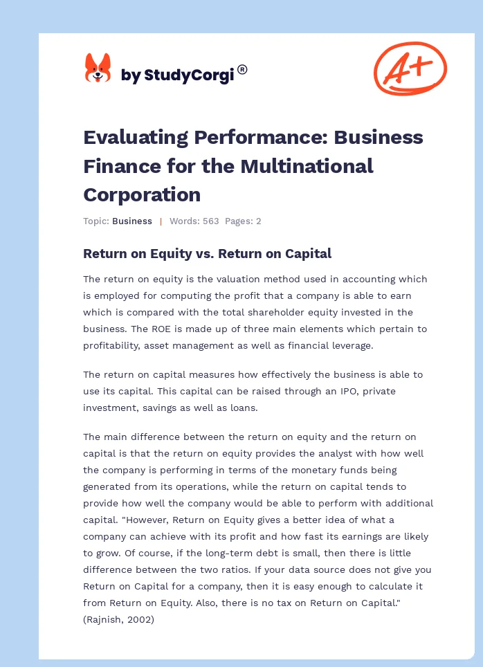 Evaluating Performance: Business Finance for the Multinational Corporation. Page 1