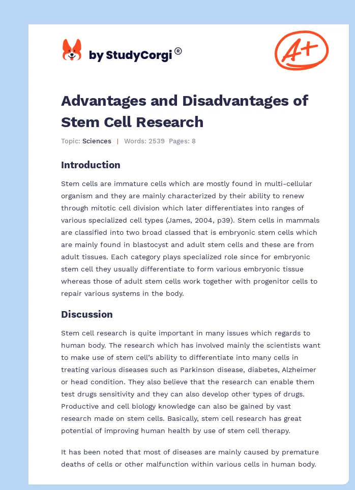 Advantages and Disadvantages of Stem Cell Research. Page 1