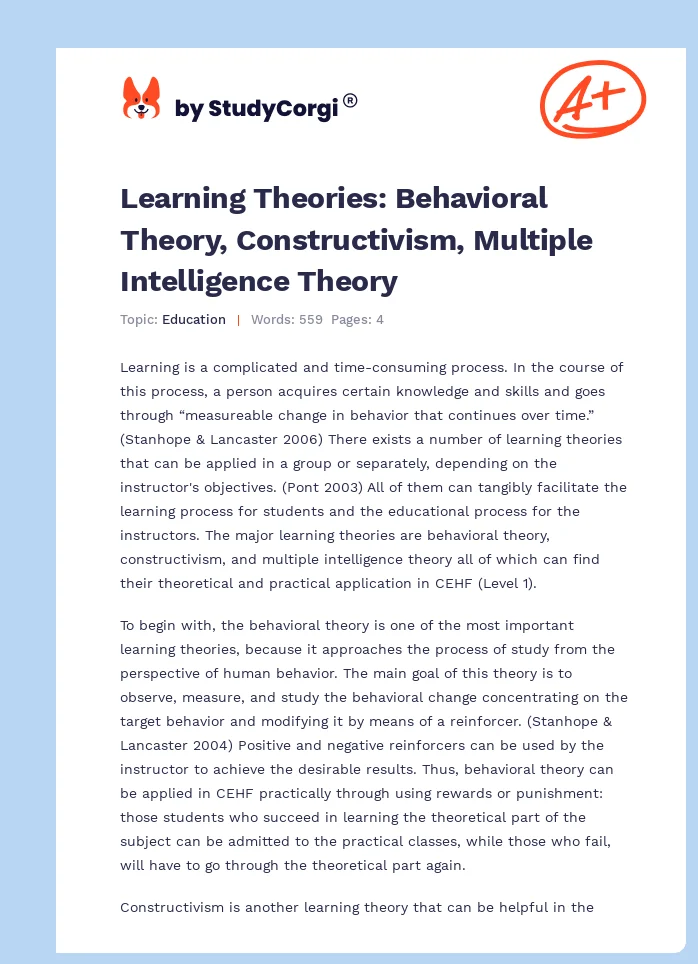 Learning Theories: Behavioral Theory, Constructivism, Multiple Intelligence Theory. Page 1
