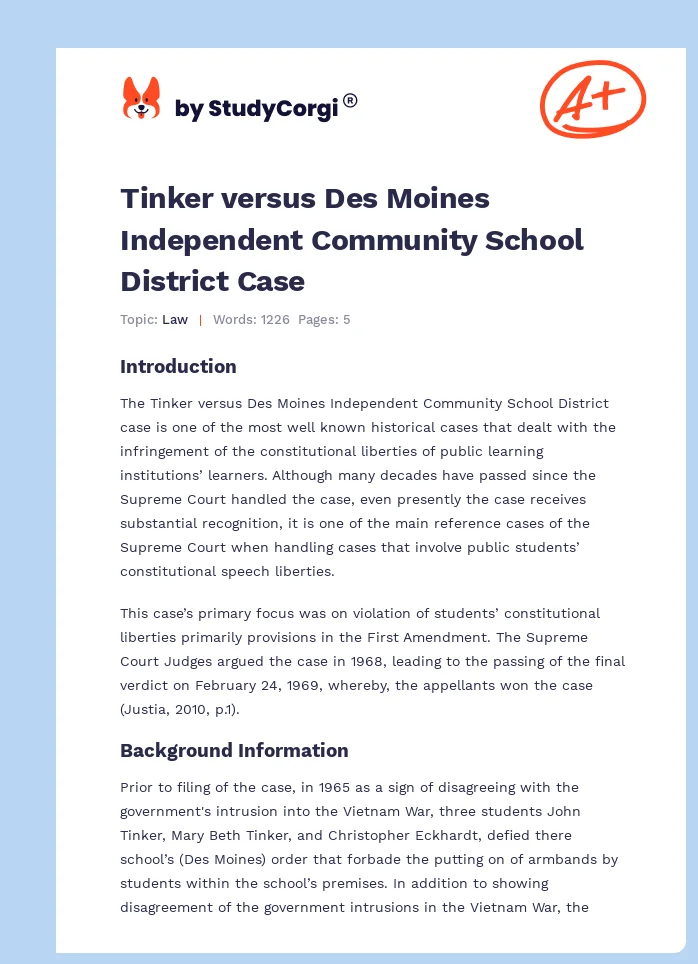 Tinker versus Des Moines Independent Community School District Case. Page 1