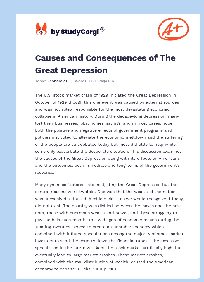 Causes and Consequences of The Great Depression. Page 1