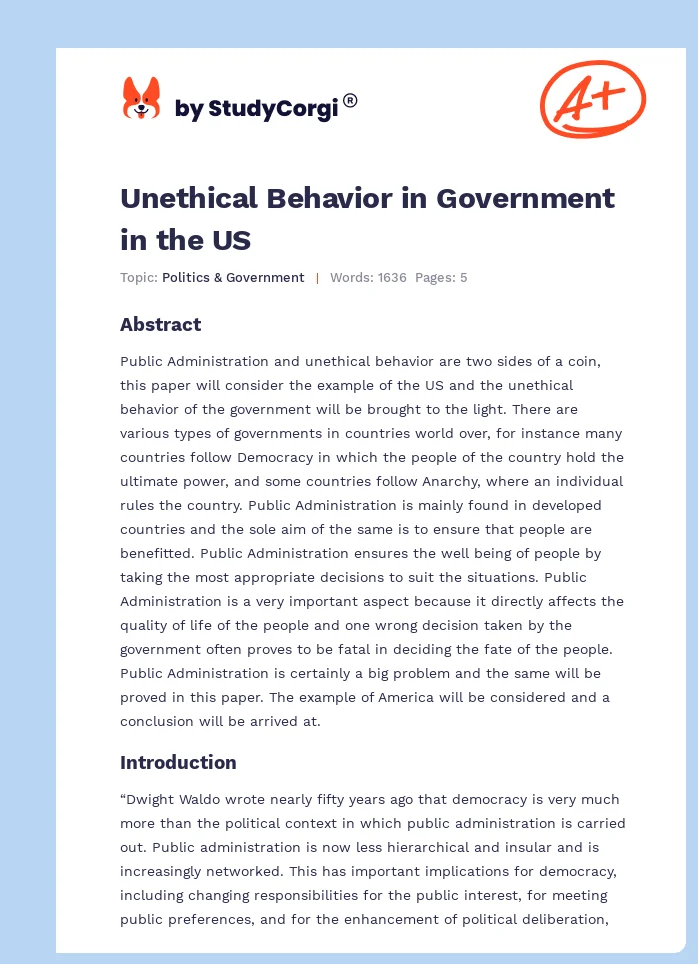 Unethical Behavior in Government in the US. Page 1