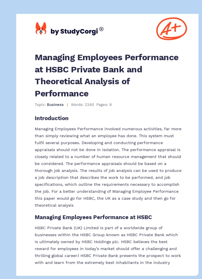 Managing Employees Performance at HSBC Private Bank and Theoretical Analysis of Performance. Page 1