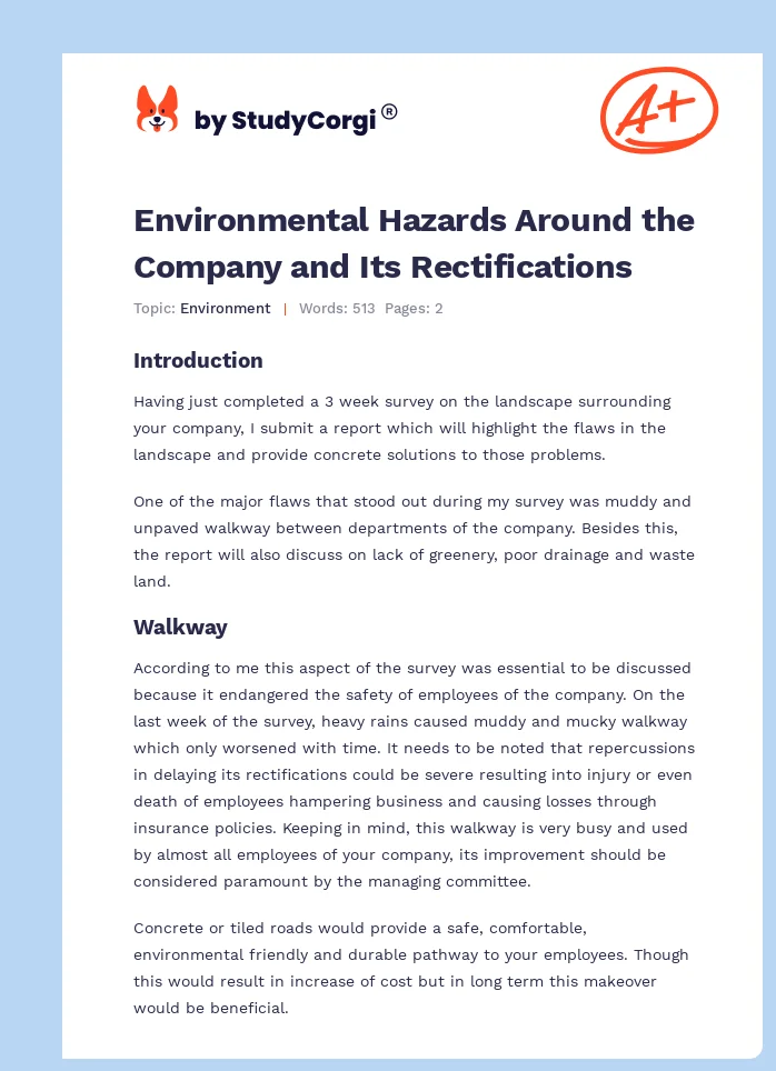 Environmental Hazards Around the Company and Its Rectifications. Page 1