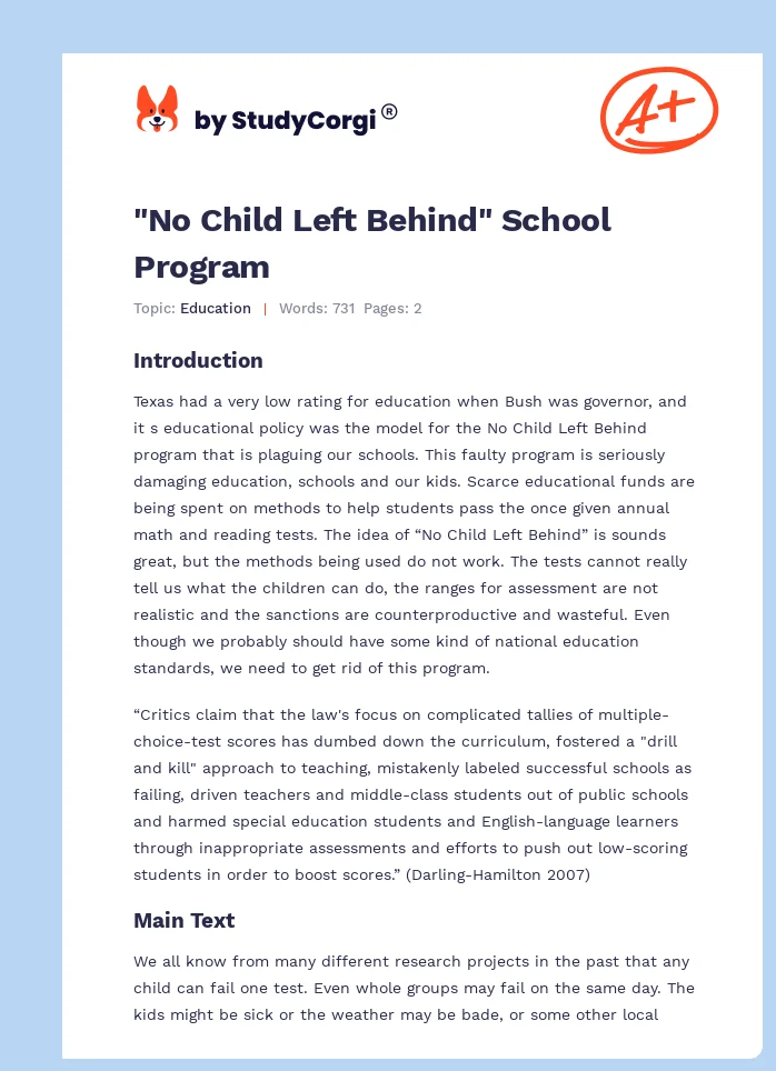"No Child Left Behind" School Program. Page 1