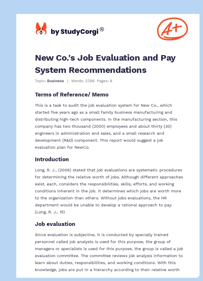 New Co.'s Job Evaluation and Pay System Recommendations. Page 1