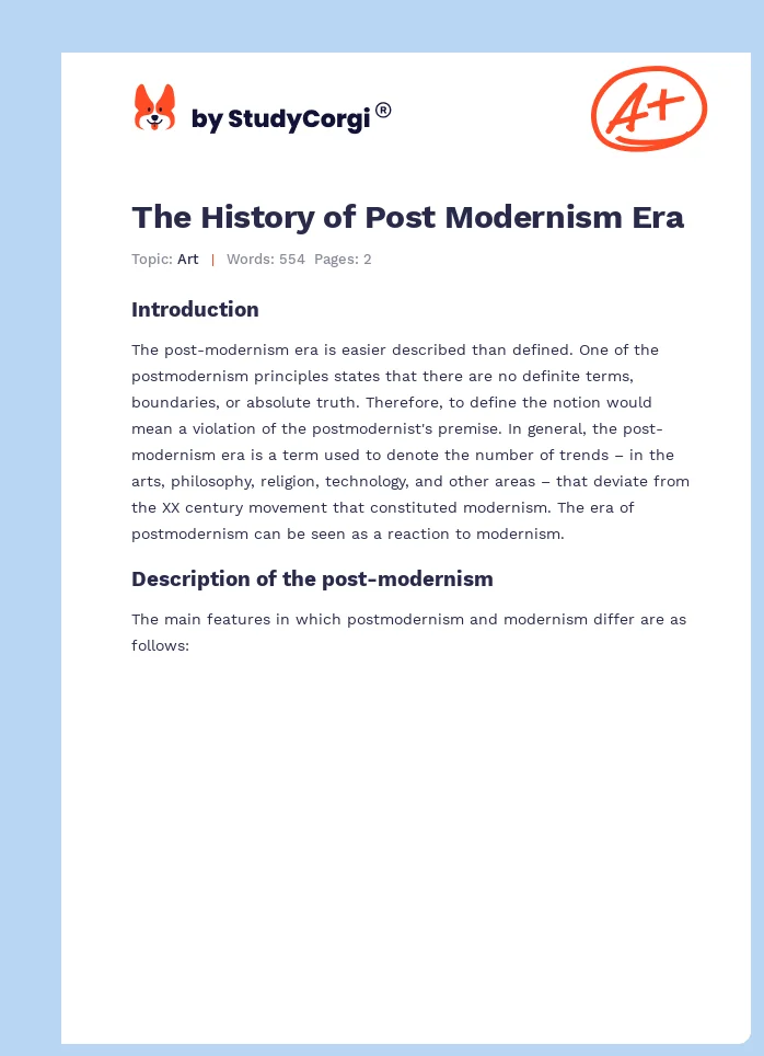 The History of Post Modernism Era. Page 1