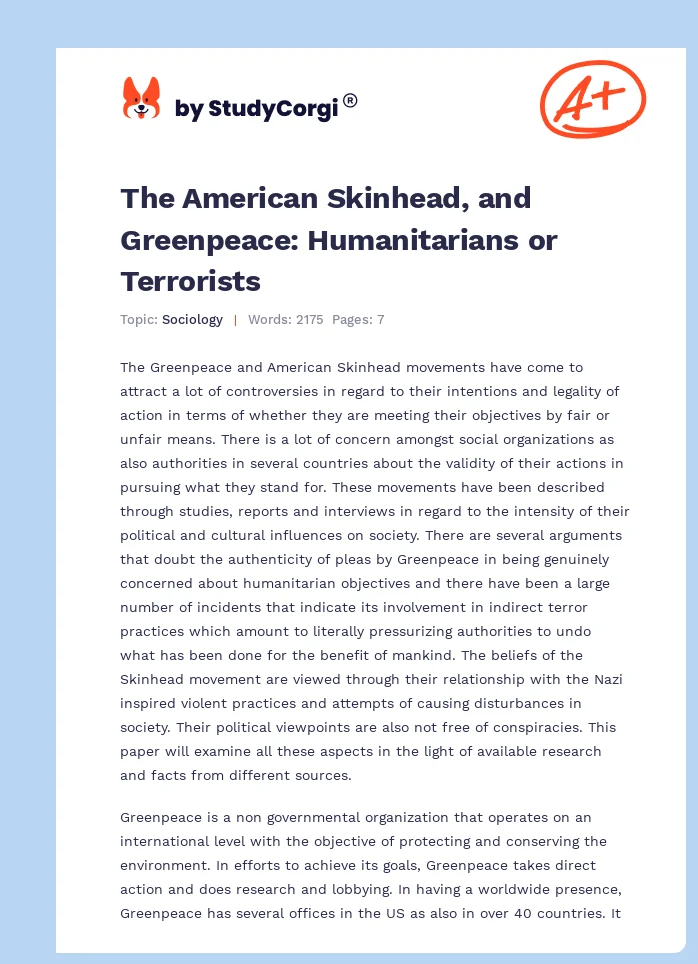 The American Skinhead, and Greenpeace: Humanitarians or Terrorists. Page 1