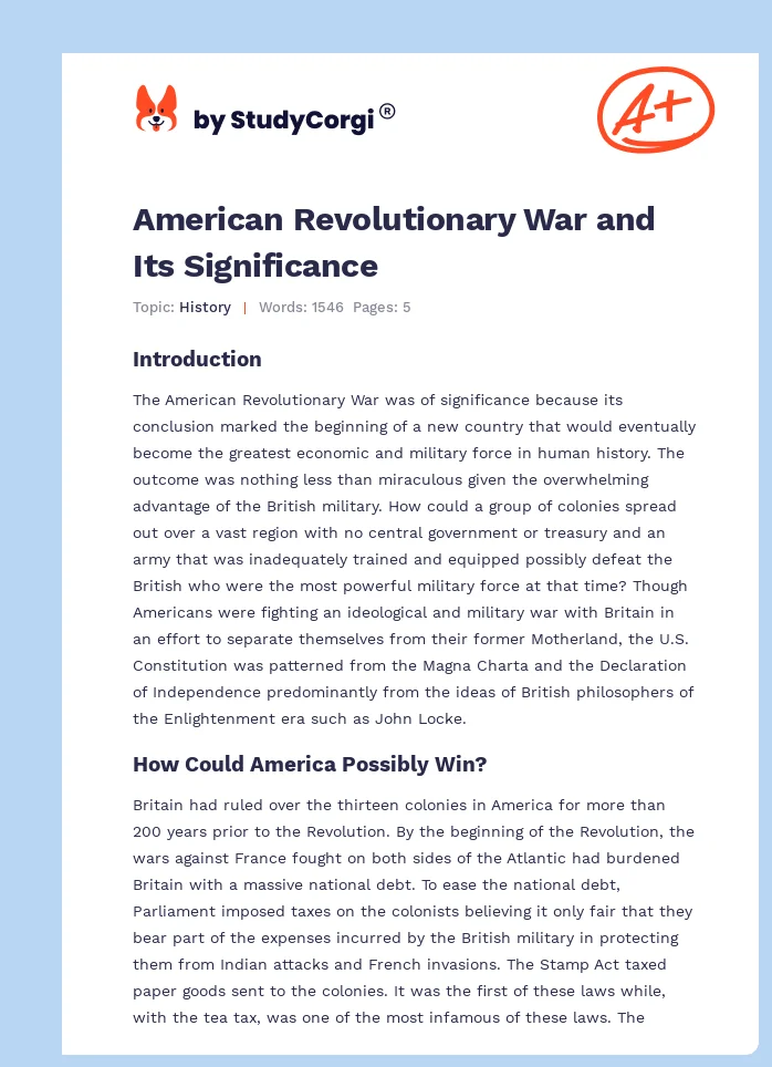 American Revolutionary War and Its Significance. Page 1
