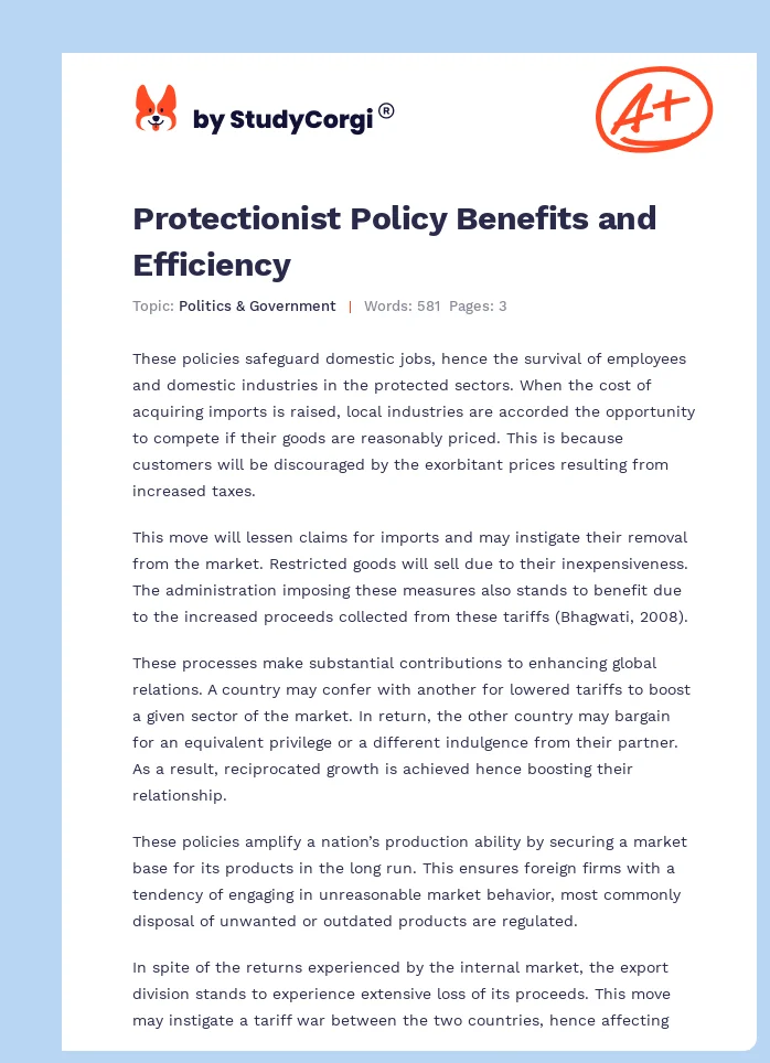 Protectionist Policy Benefits and Efficiency. Page 1