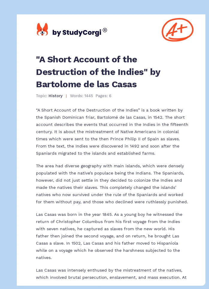 "A Short Account of the Destruction of the Indies" by Bartolome de las Casas. Page 1