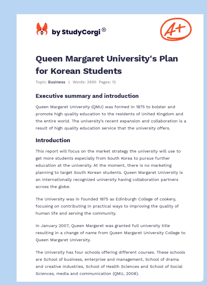 Queen Margaret University's Plan for Korean Students. Page 1