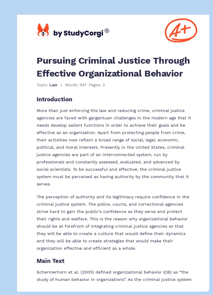 Pursuing Criminal Justice Through Effective Organizational Behavior. Page 1